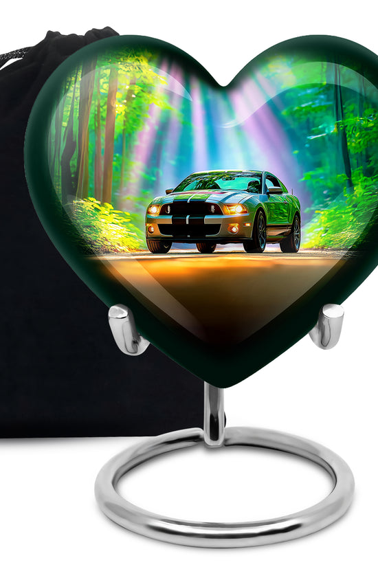 Aqua Teal Car Cremation Urn detail view - romantic heart urn with car motif on aluminum - full-size 10 inch 200 cubic inch adult cremation urn