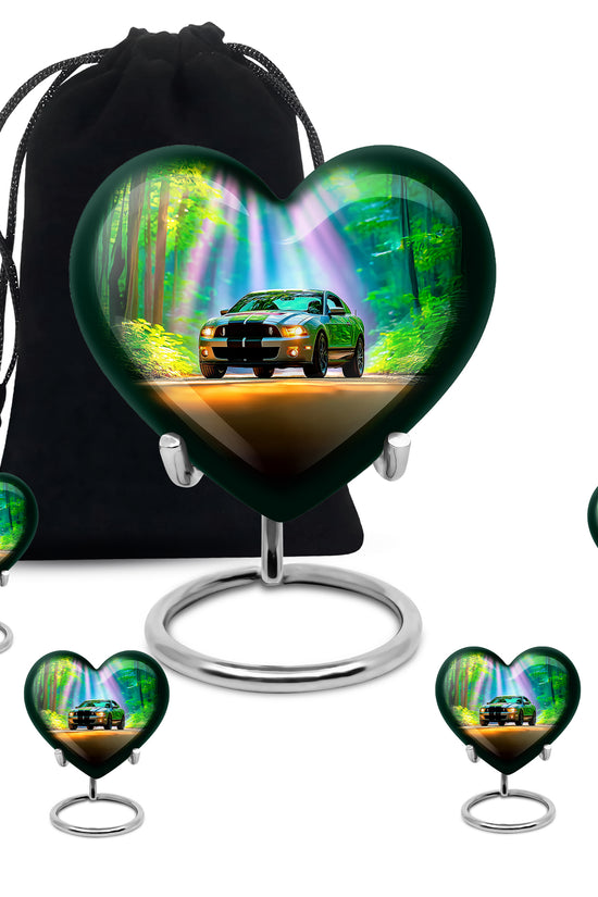Vivid Teal Car Cremation Urn close-up of engraving and surface detail - compassionate heart-car combination with gentle curves - memorial set with one large and four small urns