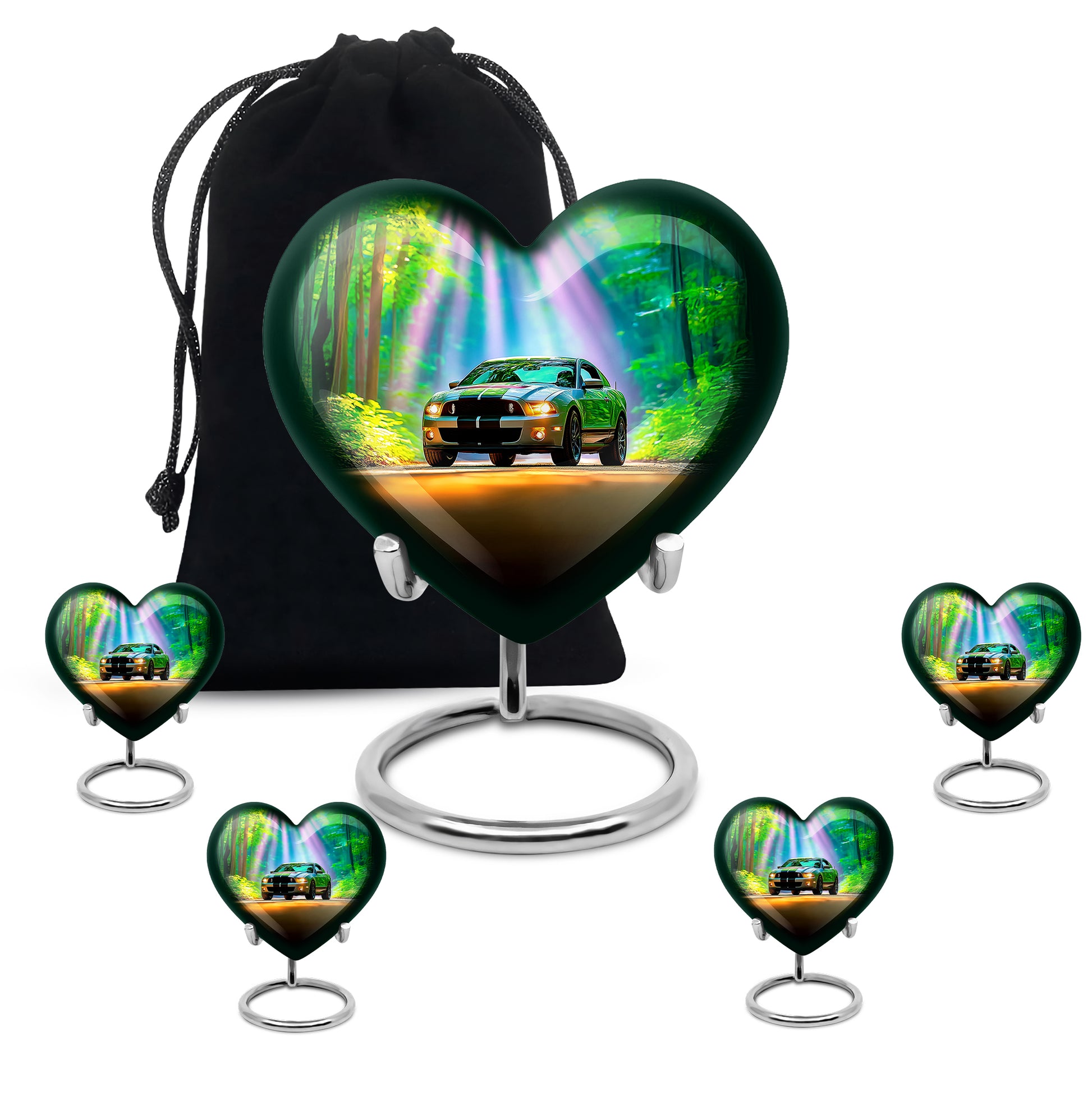 Vivid Teal Car Cremation Urn close-up of engraving and surface detail - compassionate heart-car combination with gentle curves - memorial set with one large and four small urns