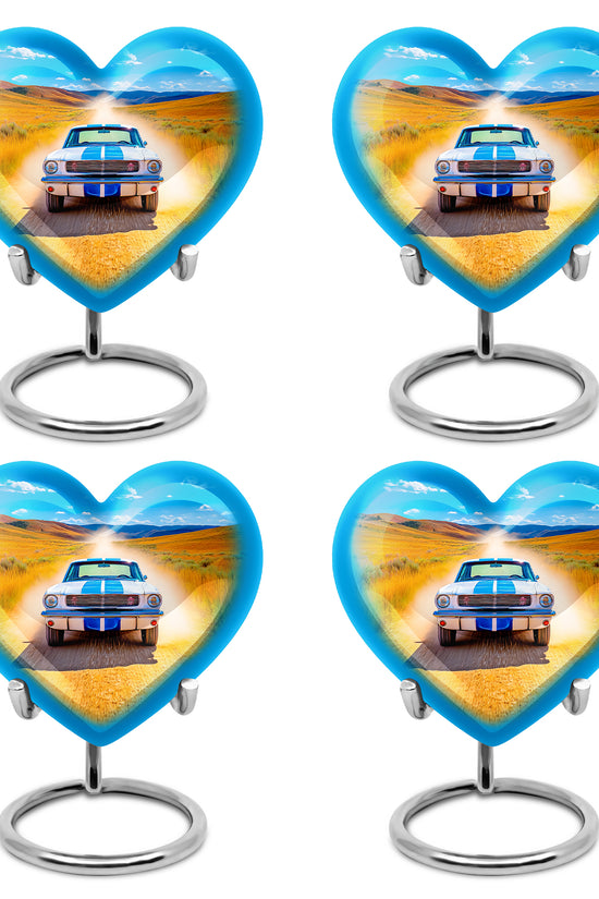 Vivid Blue Car Cremation Urn angled view of lid and engraved motif - romantic heart urn with car motif on aluminum - 10 inch aluminum urn for cremated remains