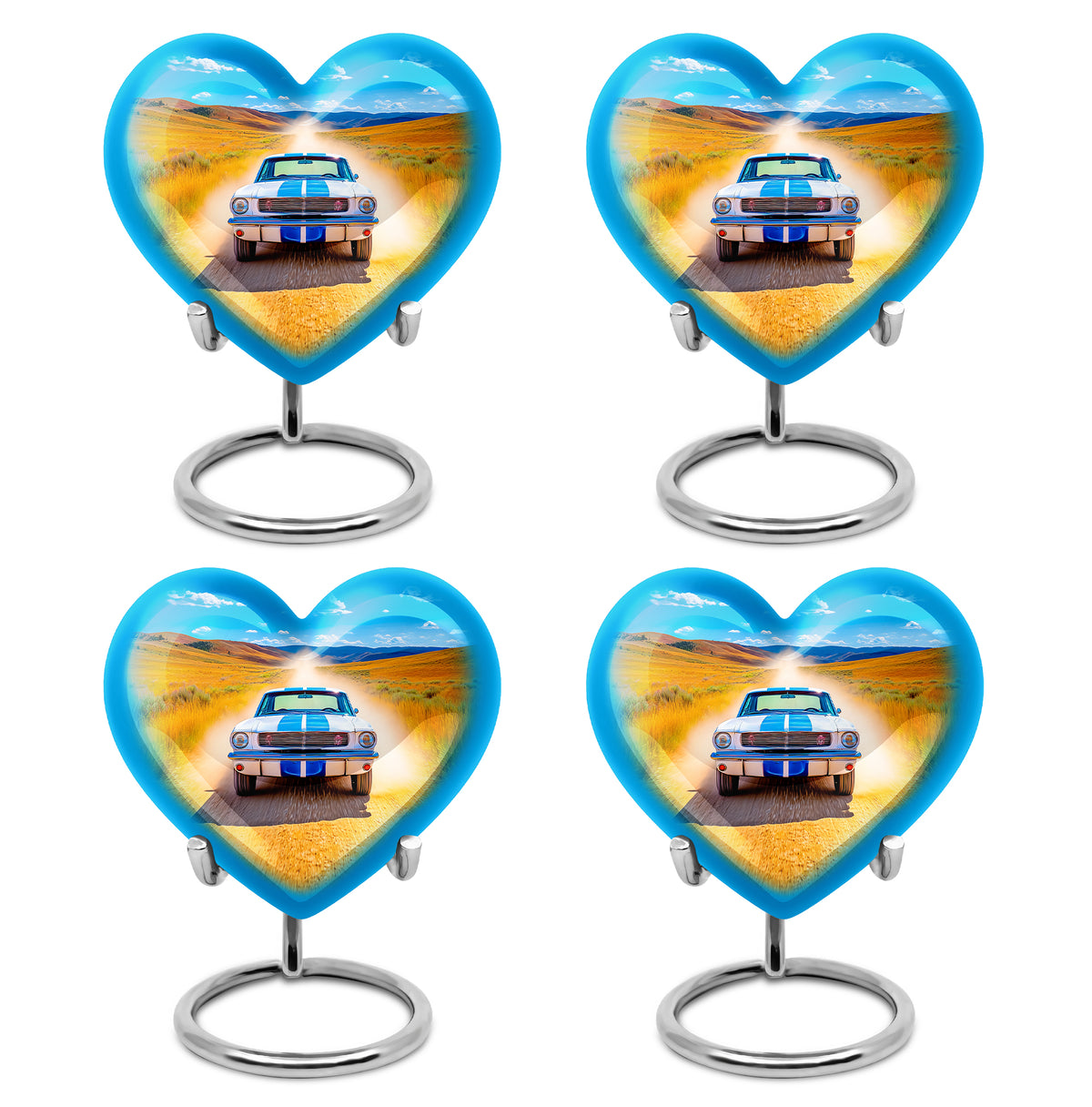 Vivid Blue Car Cremation Urn angled view of lid and engraved motif - romantic heart urn with car motif on aluminum - 10 inch aluminum urn for cremated remains