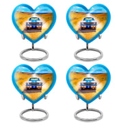Vivid Blue Car Cremation Urn angled view of lid and engraved motif - romantic heart urn with car motif on aluminum - 10 inch aluminum urn for cremated remains