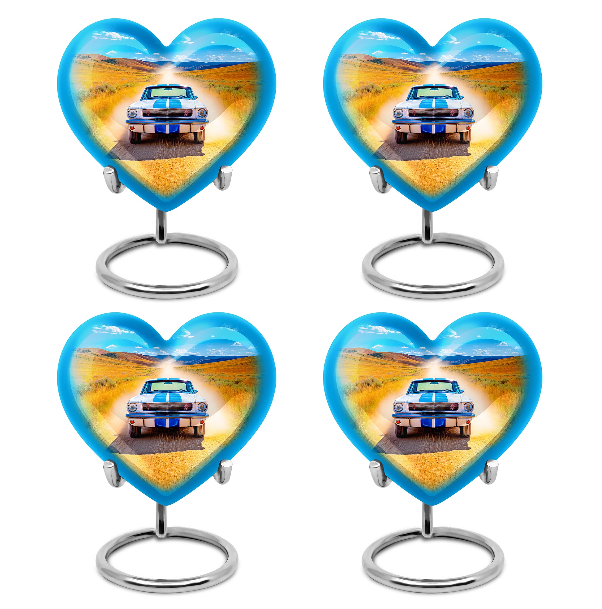 Vivid Blue Car Cremation Urn angled view of lid and engraved motif - romantic heart urn with car motif on aluminum - 10 inch aluminum urn for cremated remains