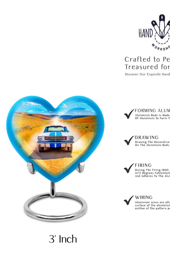 Bright Blue Car Cremation Urn front view showing detailed design - compassionate heart-car combination with gentle curves - mini keepsake memorial for portion of cremation ashes