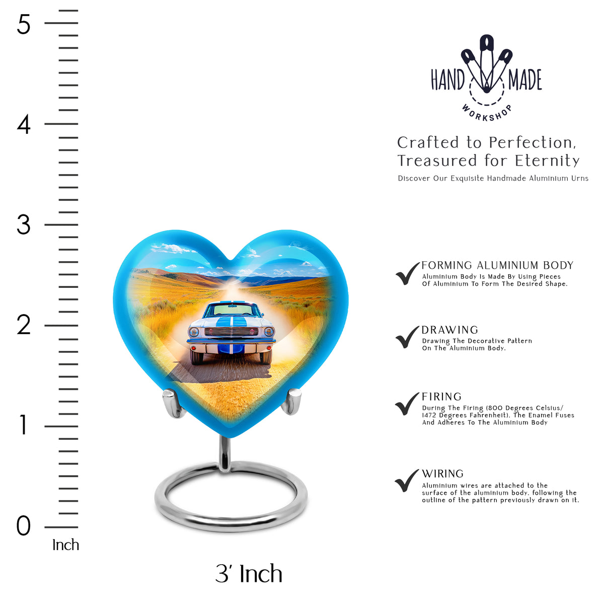 Bright Blue Car Cremation Urn front view showing detailed design - compassionate heart-car combination with gentle curves - mini keepsake memorial for portion of cremation ashes