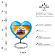 Bright Blue Car Cremation Urn front view showing detailed design - compassionate heart-car combination with gentle curves - mini keepsake memorial for portion of cremation ashes