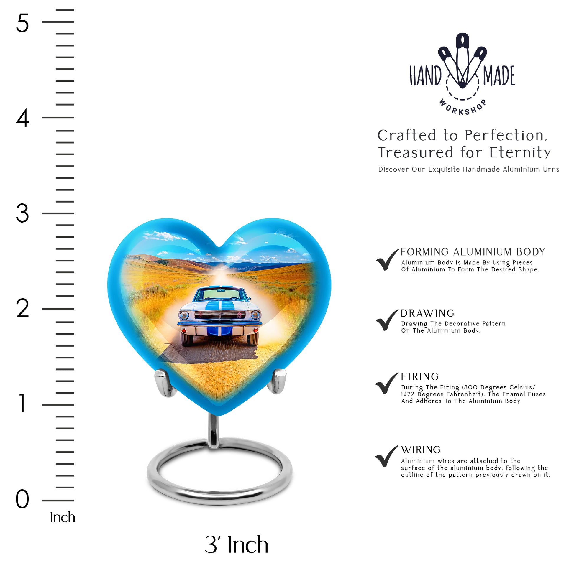 Bright Blue Car Cremation Urn front view showing detailed design - compassionate heart-car combination with gentle curves - mini keepsake memorial for portion of cremation ashes