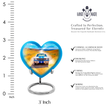 Bright Blue Car Cremation Urn front view showing detailed design - compassionate heart-car combination with gentle curves - mini keepsake memorial for portion of cremation ashes