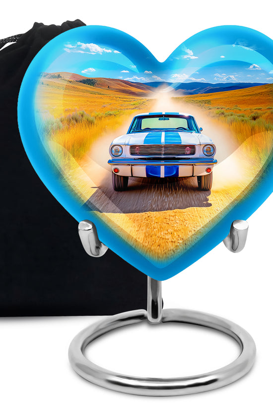 Steel Blue Car Cremation Urn detail view - compassionate heart-car combination with gentle curves - full-size 10 inch 200 cubic inch adult cremation urn