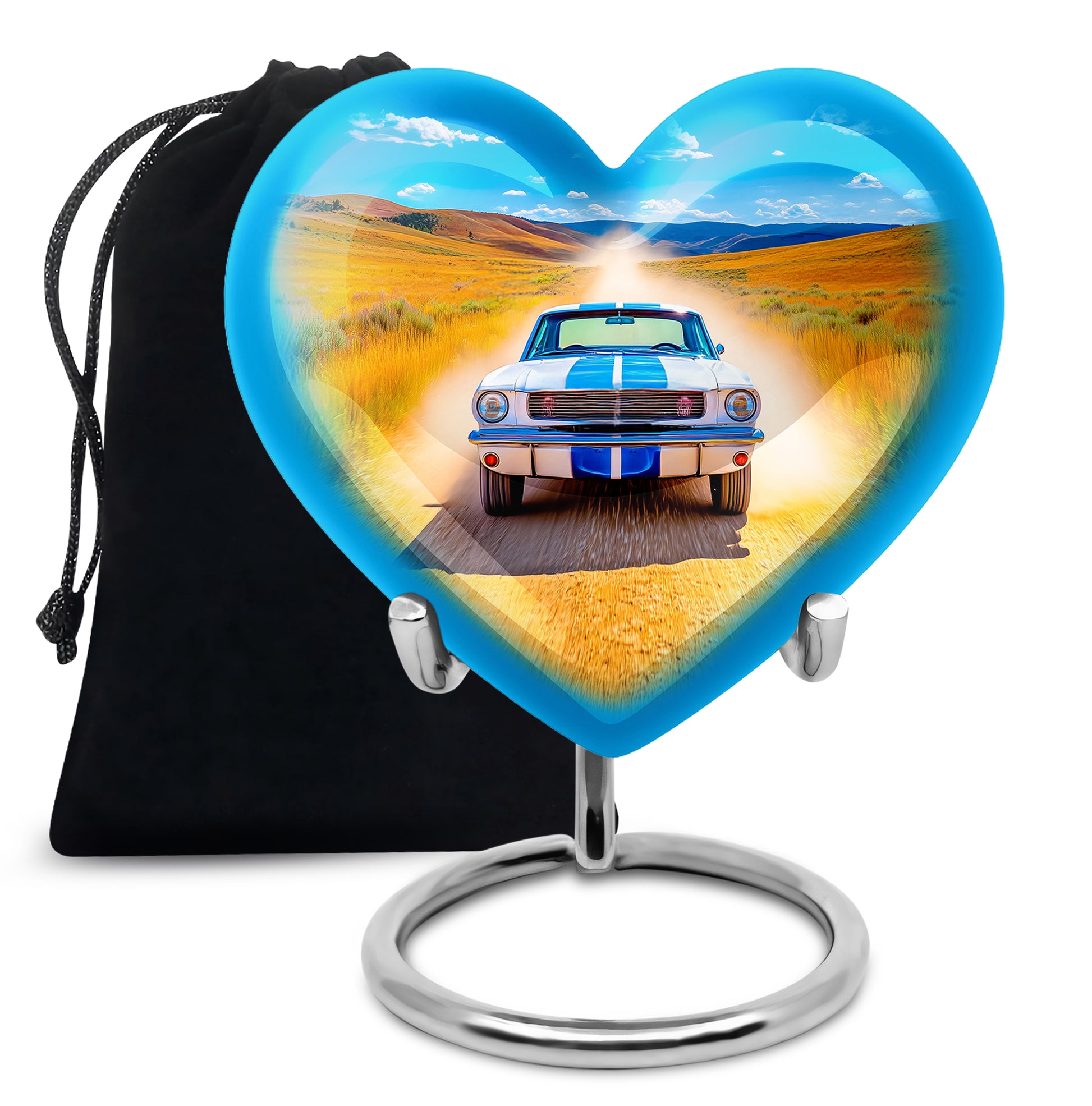Steel Blue Car Cremation Urn detail view - compassionate heart-car combination with gentle curves - full-size 10 inch 200 cubic inch adult cremation urn