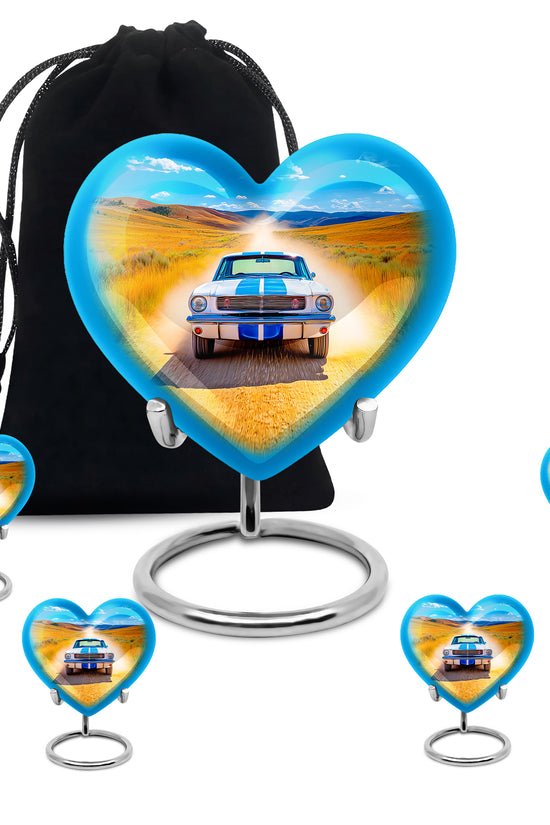Bright Blue Car Cremation Urn close-up of engraving and surface detail - compassionate heart-car combination with gentle curves - memorial set with one large and four small urns