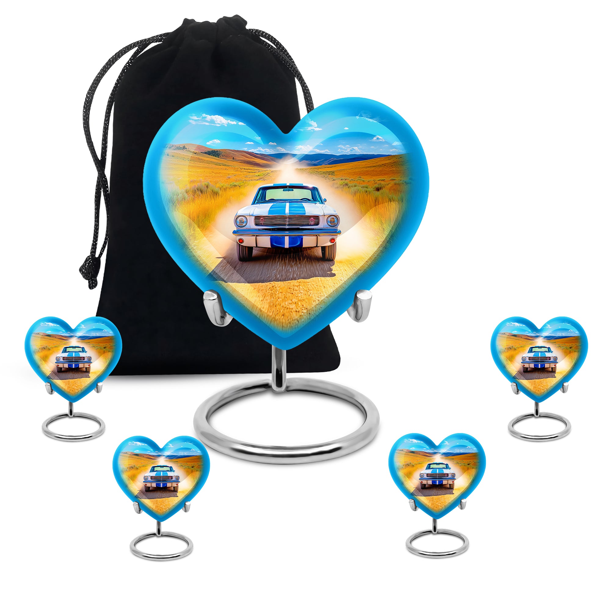 Bright Blue Car Cremation Urn close-up of engraving and surface detail - compassionate heart-car combination with gentle curves - memorial set with one large and four small urns