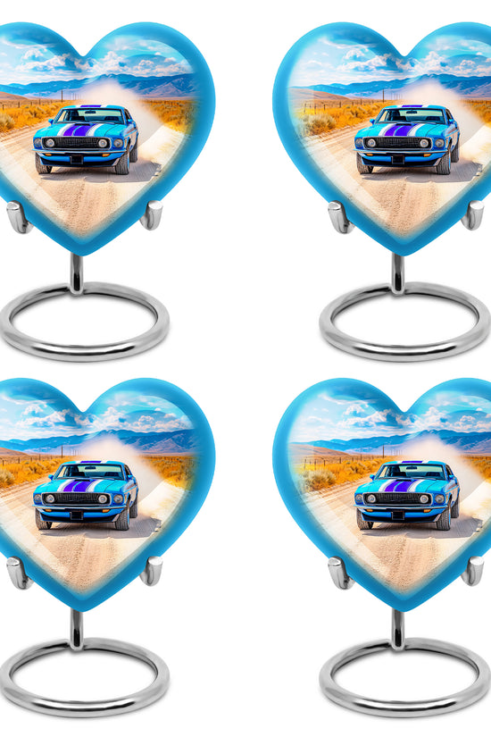 Slate Blue Car Cremation Urn angled view of lid and engraved motif - loving heart memorial featuring car pattern - 10 inch aluminum urn for cremated remains