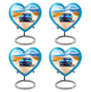 Slate Blue Car Cremation Urn angled view of lid and engraved motif - loving heart memorial featuring car pattern - 10 inch aluminum urn for cremated remains