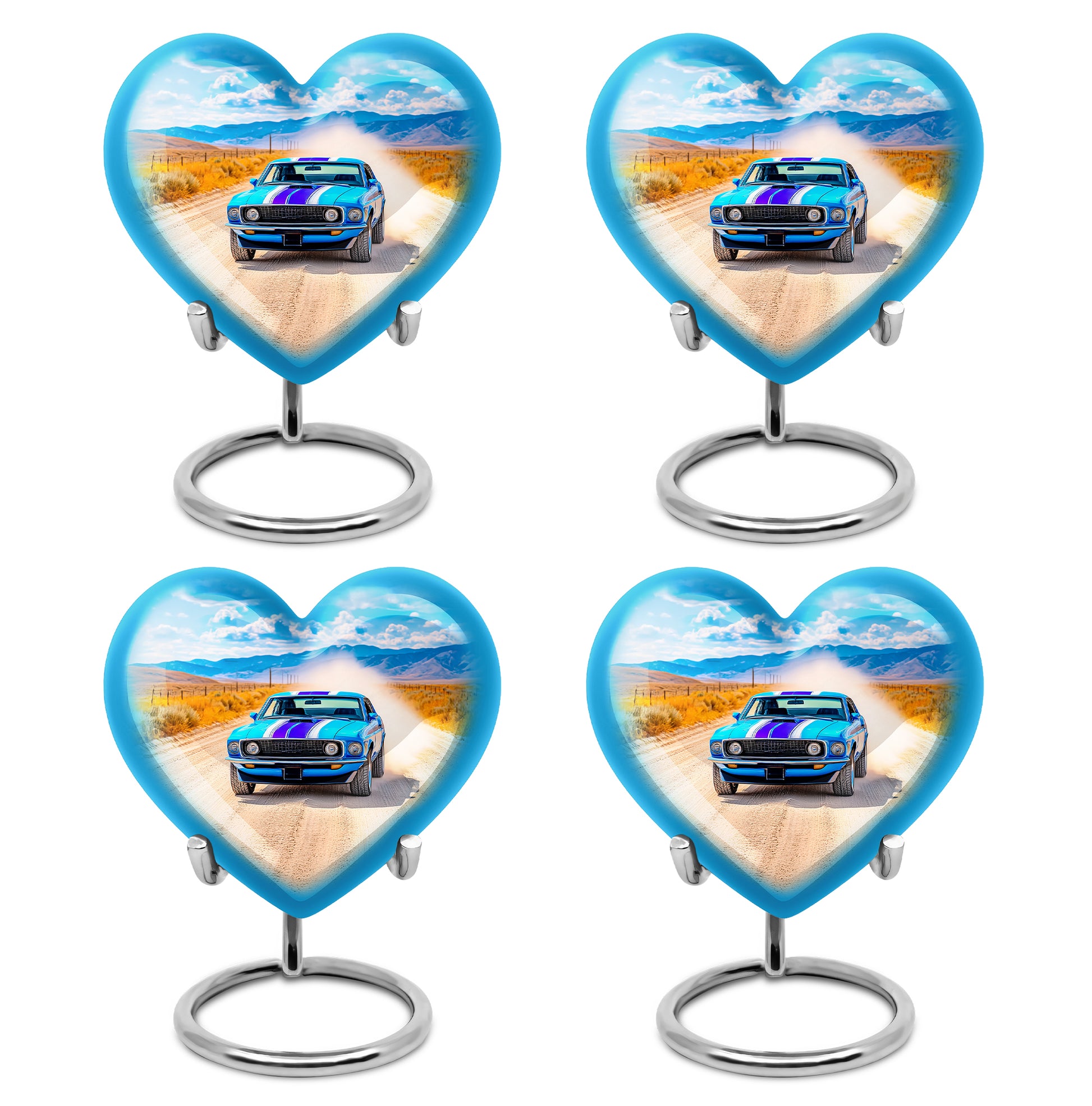 Slate Blue Car Cremation Urn angled view of lid and engraved motif - loving heart memorial featuring car pattern - 10 inch aluminum urn for cremated remains