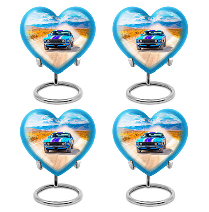 Slate Blue Car Cremation Urn angled view of lid and engraved motif - loving heart memorial featuring car pattern - 10 inch aluminum urn for cremated remains