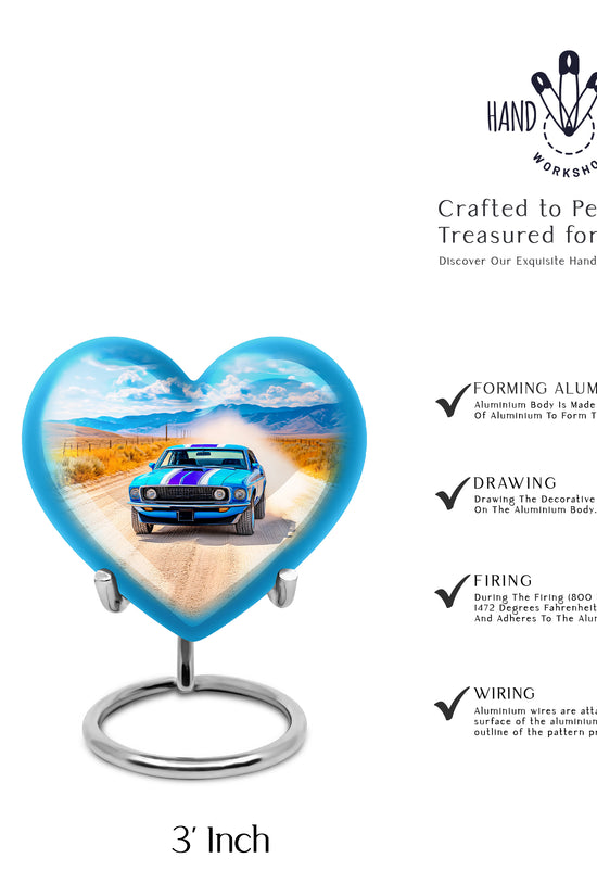 Celestial Blue Car Cremation Urn front view showing detailed design - loving heart memorial featuring car pattern - mini keepsake memorial for portion of cremation ashes