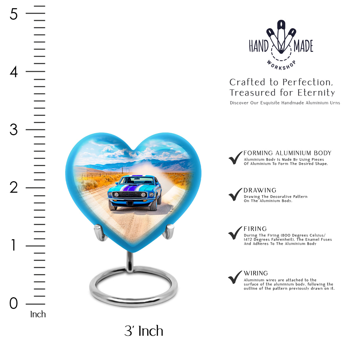 Celestial Blue Car Cremation Urn front view showing detailed design - loving heart memorial featuring car pattern - mini keepsake memorial for portion of cremation ashes