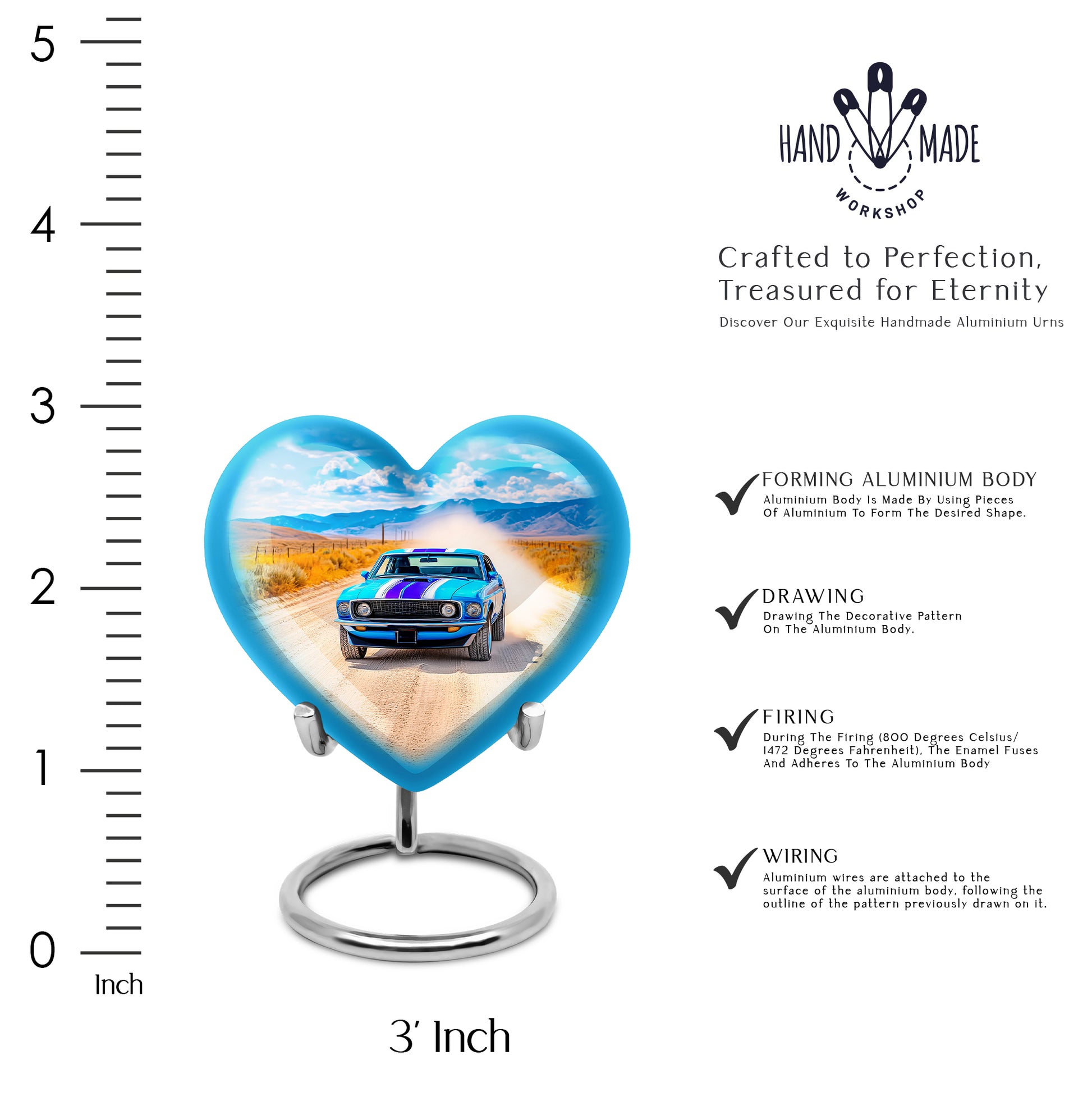 Celestial Blue Car Cremation Urn front view showing detailed design - loving heart memorial featuring car pattern - mini keepsake memorial for portion of cremation ashes