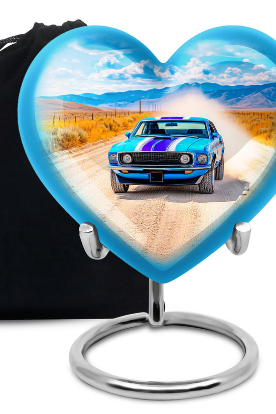 Navy Blue Car Cremation Urn detail view - loving heart memorial featuring car pattern - full-size 10 inch 200 cubic inch adult cremation urn