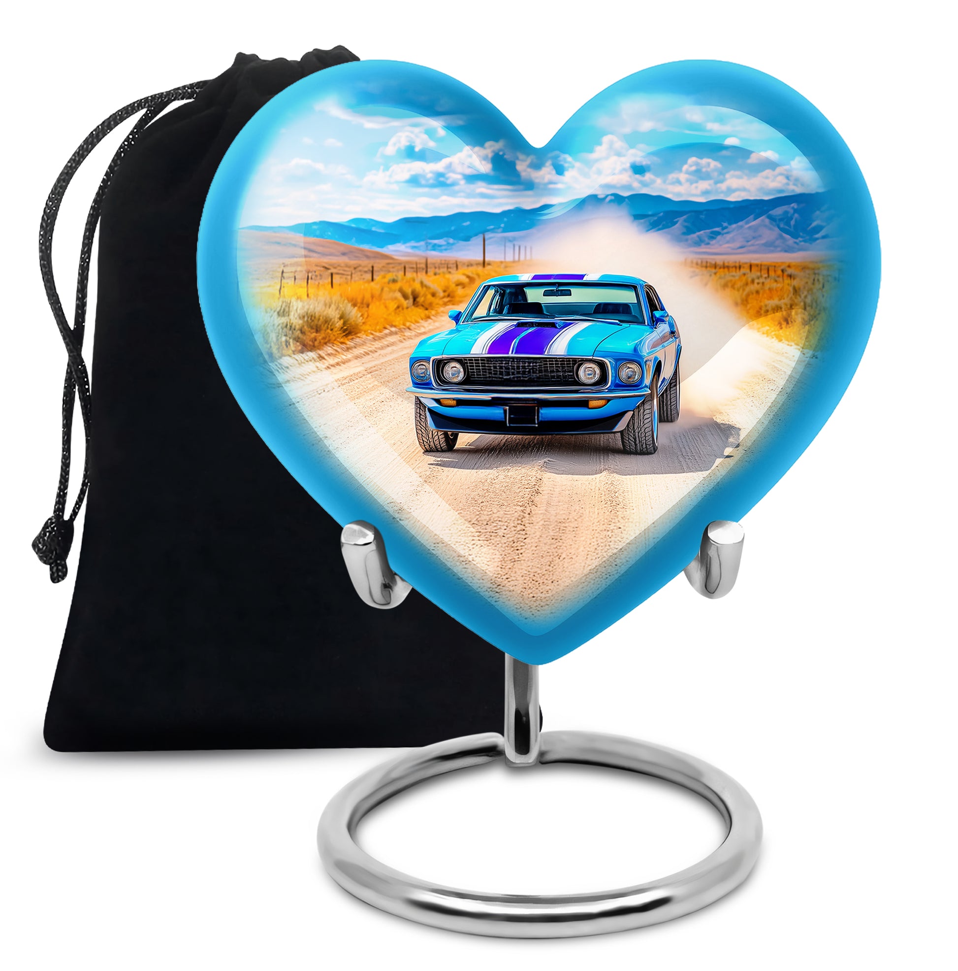 Navy Blue Car Cremation Urn detail view - loving heart memorial featuring car pattern - full-size 10 inch 200 cubic inch adult cremation urn