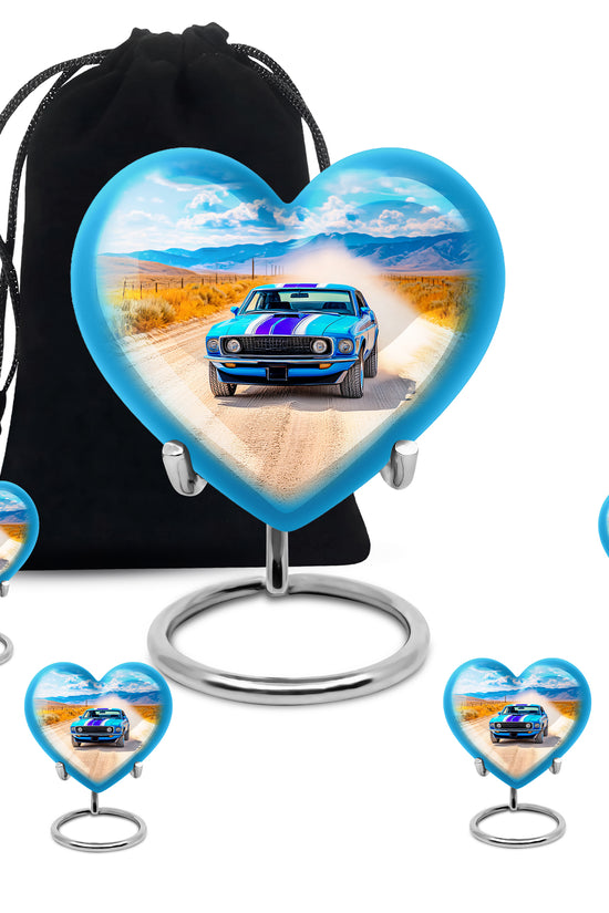 Navy Blue Car Cremation Urn close-up of engraving and surface detail - loving heart memorial featuring car pattern - memorial set with one large and four small urns