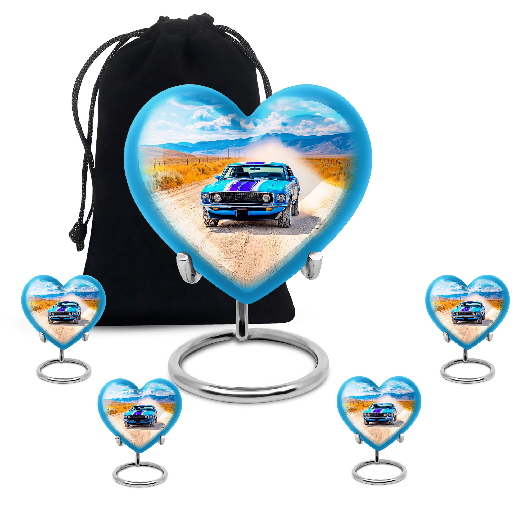 Navy Blue Car Cremation Urn close-up of engraving and surface detail - loving heart memorial featuring car pattern - memorial set with one large and four small urns