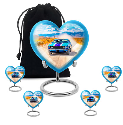 Navy Blue Car Cremation Urn close-up of engraving and surface detail - loving heart memorial featuring car pattern - memorial set with one large and four small urns