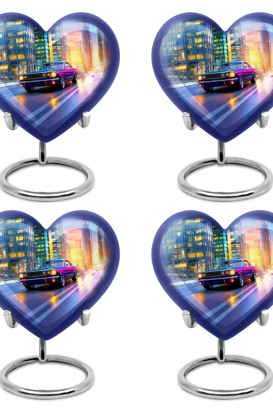 Misty Blue Car Cremation Urn angled view of lid and engraved motif - loving heart memorial featuring car pattern - 10 inch aluminum urn for cremated remains