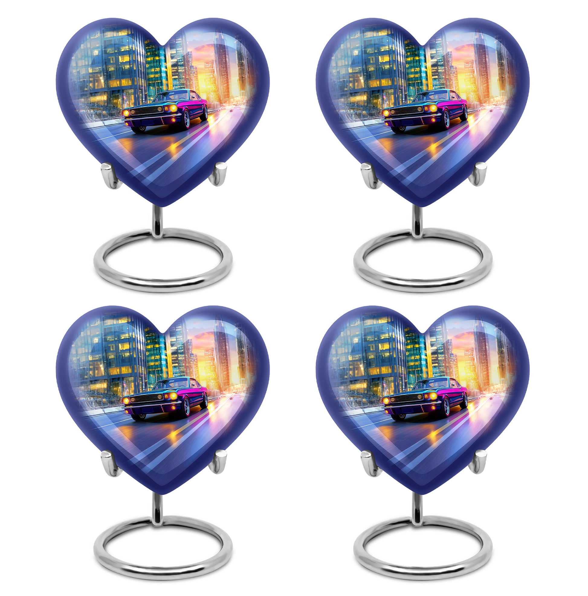 Misty Blue Car Cremation Urn angled view of lid and engraved motif - loving heart memorial featuring car pattern - 10 inch aluminum urn for cremated remains