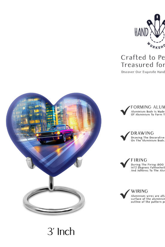 Steel Blue Car Cremation Urn front view showing detailed design - romantic heart urn with car motif on aluminum - mini keepsake memorial for portion of cremation ashes