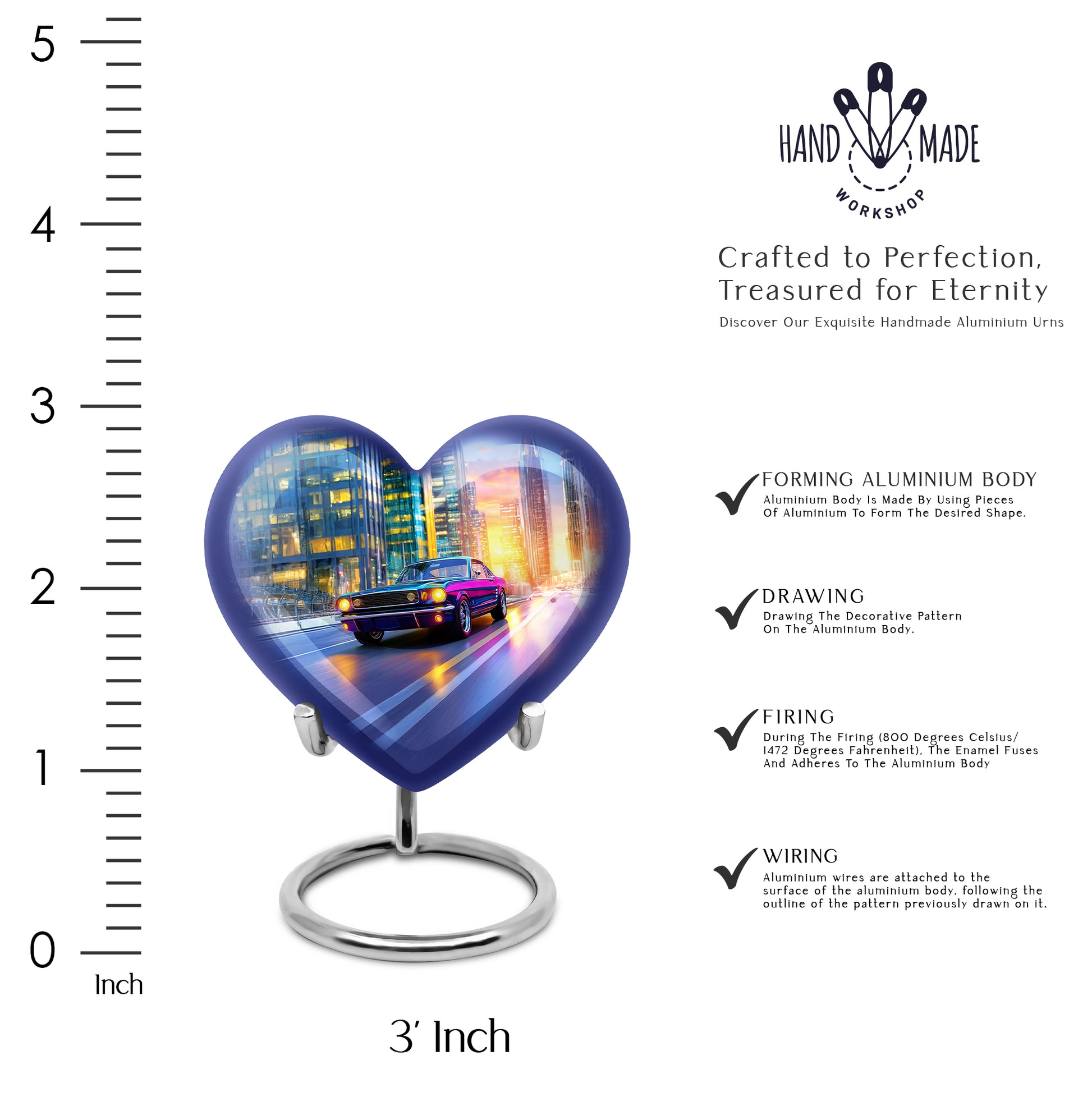 Steel Blue Car Cremation Urn front view showing detailed design - romantic heart urn with car motif on aluminum - mini keepsake memorial for portion of cremation ashes
