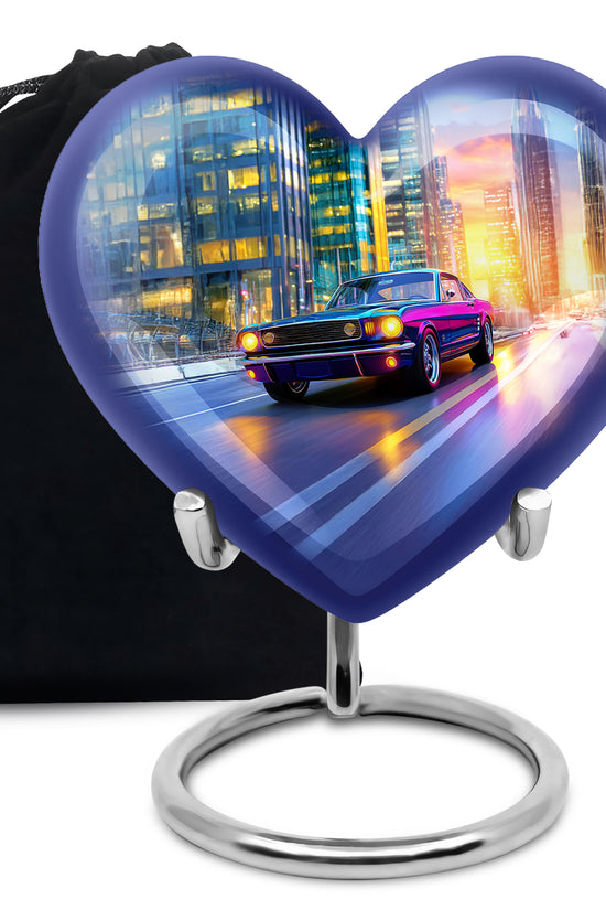 Calming Blue Car Cremation Urn detail view - romantic heart urn with car motif on aluminum - full-size 10 inch 200 cubic inch adult cremation urn