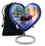Calming Blue Car Cremation Urn detail view - romantic heart urn with car motif on aluminum - full-size 10 inch 200 cubic inch adult cremation urn