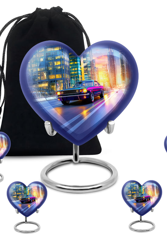 Soft Blue Car Cremation Urn close-up of engraving and surface detail - romantic heart urn with car motif on aluminum - memorial set with one large and four small urns