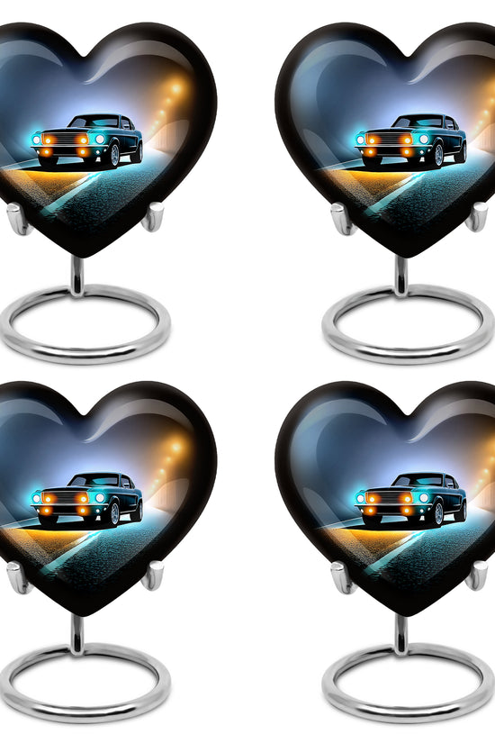 Jet Black Car Cremation Urn angled view of lid and engraved motif - loving heart memorial featuring car pattern - 10 inch aluminum urn for cremated remains