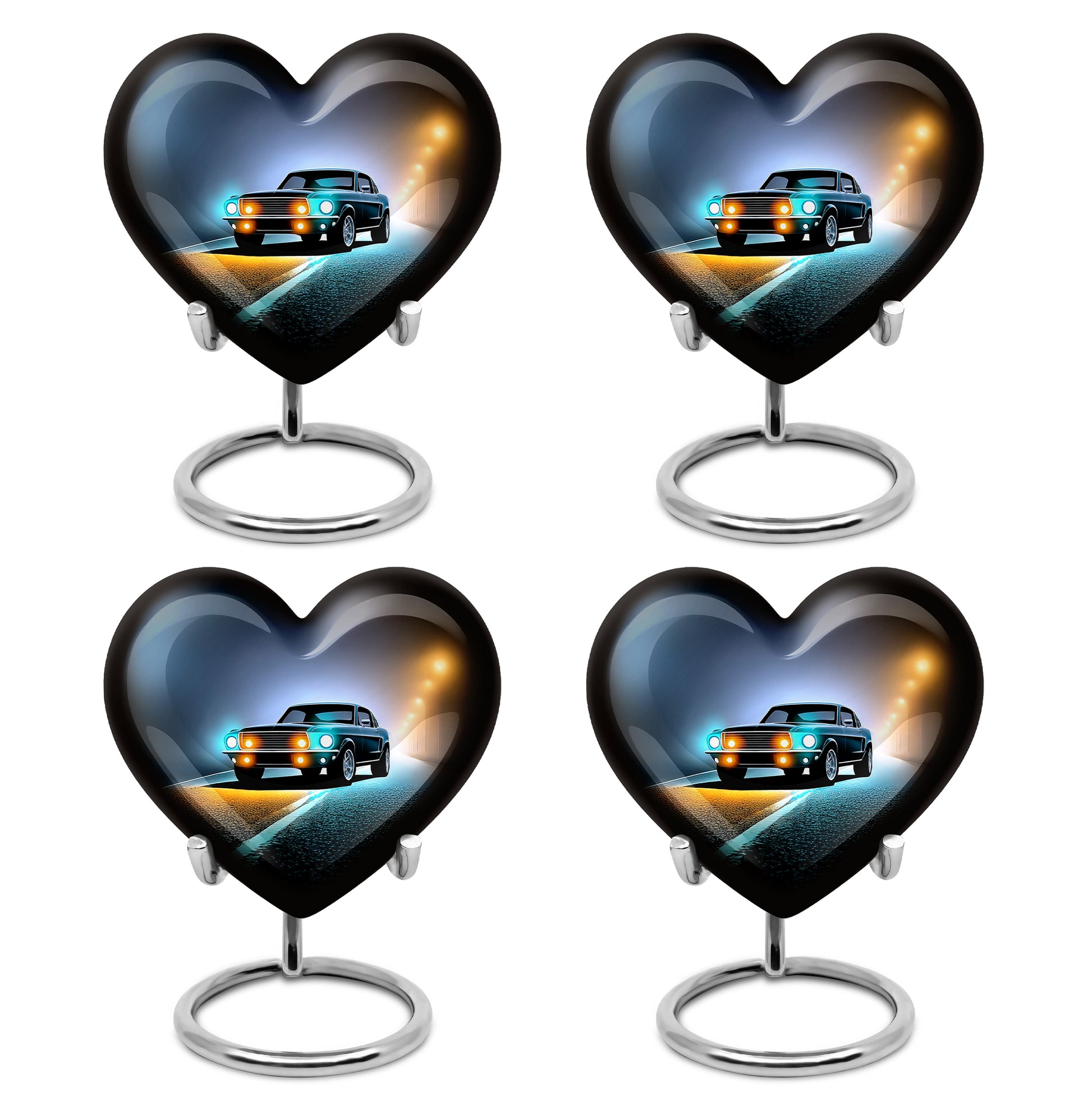 Jet Black Car Cremation Urn angled view of lid and engraved motif - loving heart memorial featuring car pattern - 10 inch aluminum urn for cremated remains