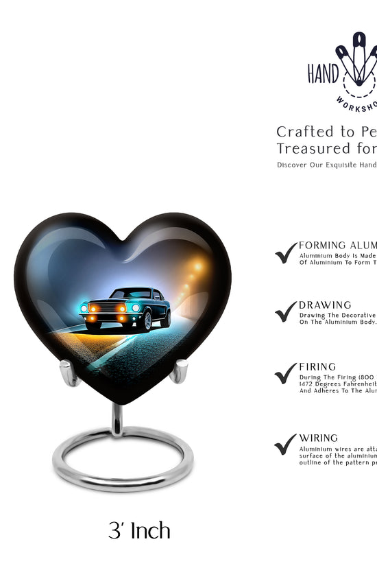 Onyx Black Car Cremation Urn front view showing detailed design - compassionate heart-car combination with gentle curves - mini keepsake memorial for portion of cremation ashes