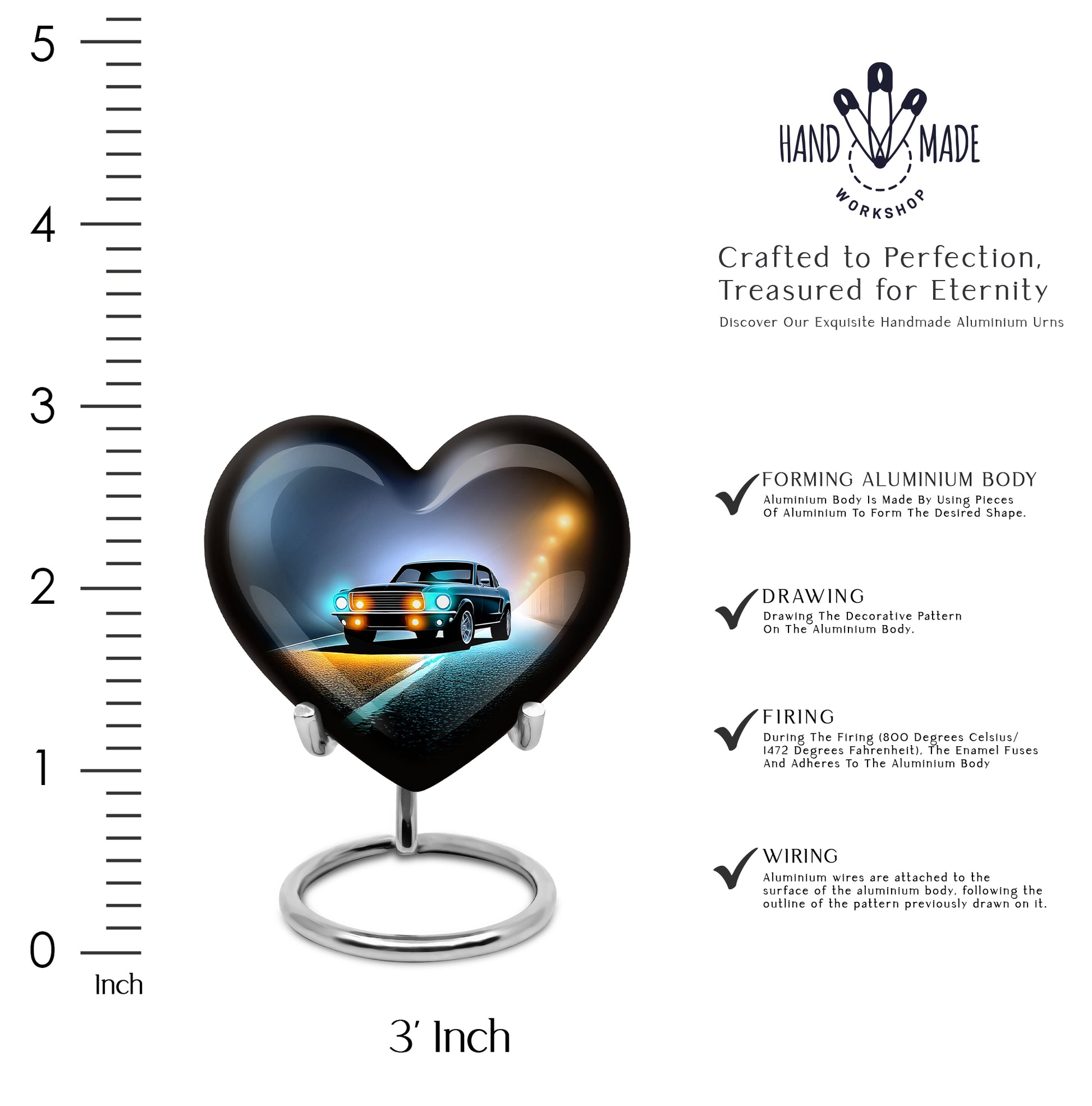 Onyx Black Car Cremation Urn front view showing detailed design - compassionate heart-car combination with gentle curves - mini keepsake memorial for portion of cremation ashes