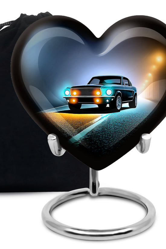 Rich Black Car Cremation Urn detail view - heart-shaped car design symbolizing eternal love - full-size 10 inch 200 cubic inch adult cremation urn