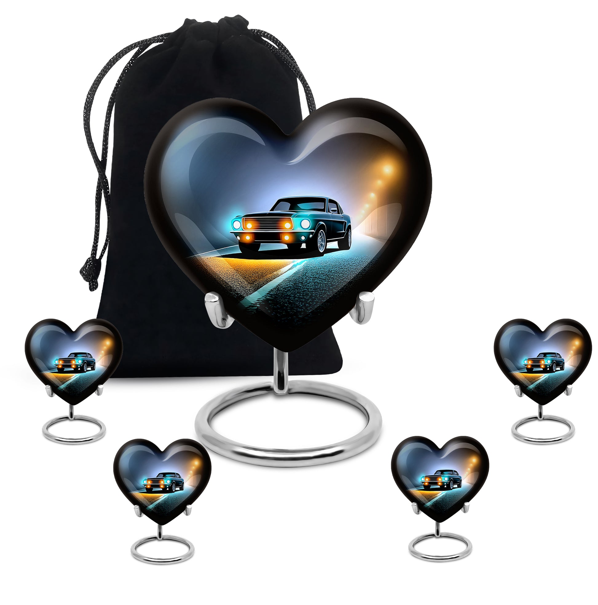 Jet Black Car Cremation Urn close-up of engraving and surface detail - loving heart memorial featuring car pattern - memorial set with one large and four small urns