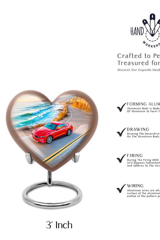 Dusty Blue Car Cremation Urn front view showing detailed design - heart-shaped car design symbolizing eternal love - mini keepsake memorial for portion of cremation ashes