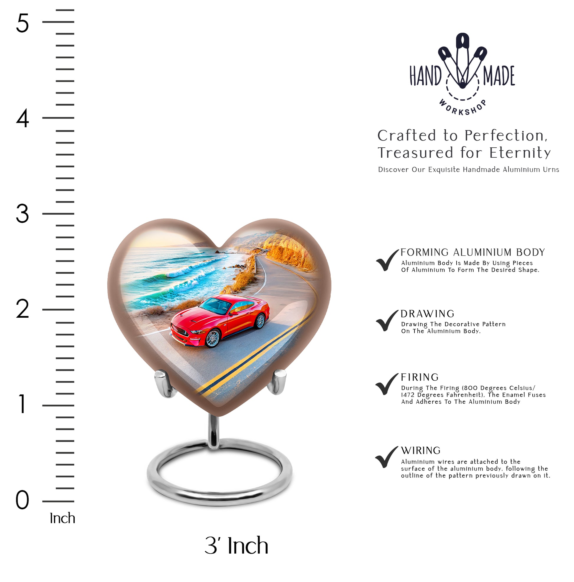 Dusty Blue Car Cremation Urn front view showing detailed design - heart-shaped car design symbolizing eternal love - mini keepsake memorial for portion of cremation ashes