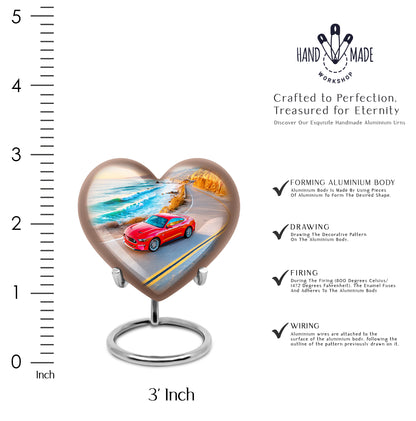 Dusty Blue Car Cremation Urn front view showing detailed design - heart-shaped car design symbolizing eternal love - mini keepsake memorial for portion of cremation ashes