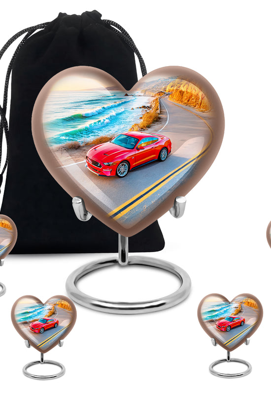Celestial Blue Car Cremation Urn close-up of engraving and surface detail - loving heart memorial featuring car pattern - memorial set with one large and four small urns