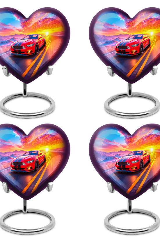 Vivid Blue Car Cremation Urn angled view of lid and engraved motif - romantic heart urn with car motif on aluminum - 10 inch aluminum urn for cremated remains