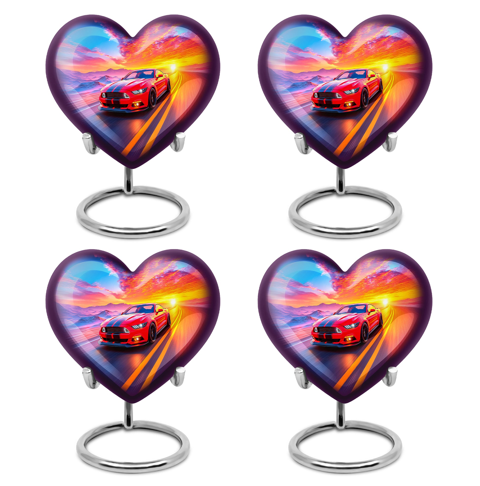 Vivid Blue Car Cremation Urn angled view of lid and engraved motif - romantic heart urn with car motif on aluminum - 10 inch aluminum urn for cremated remains