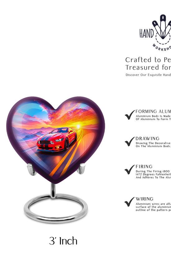 Calming Blue Car Cremation Urn front view showing detailed design - romantic heart urn with car motif on aluminum - mini keepsake memorial for portion of cremation ashes
