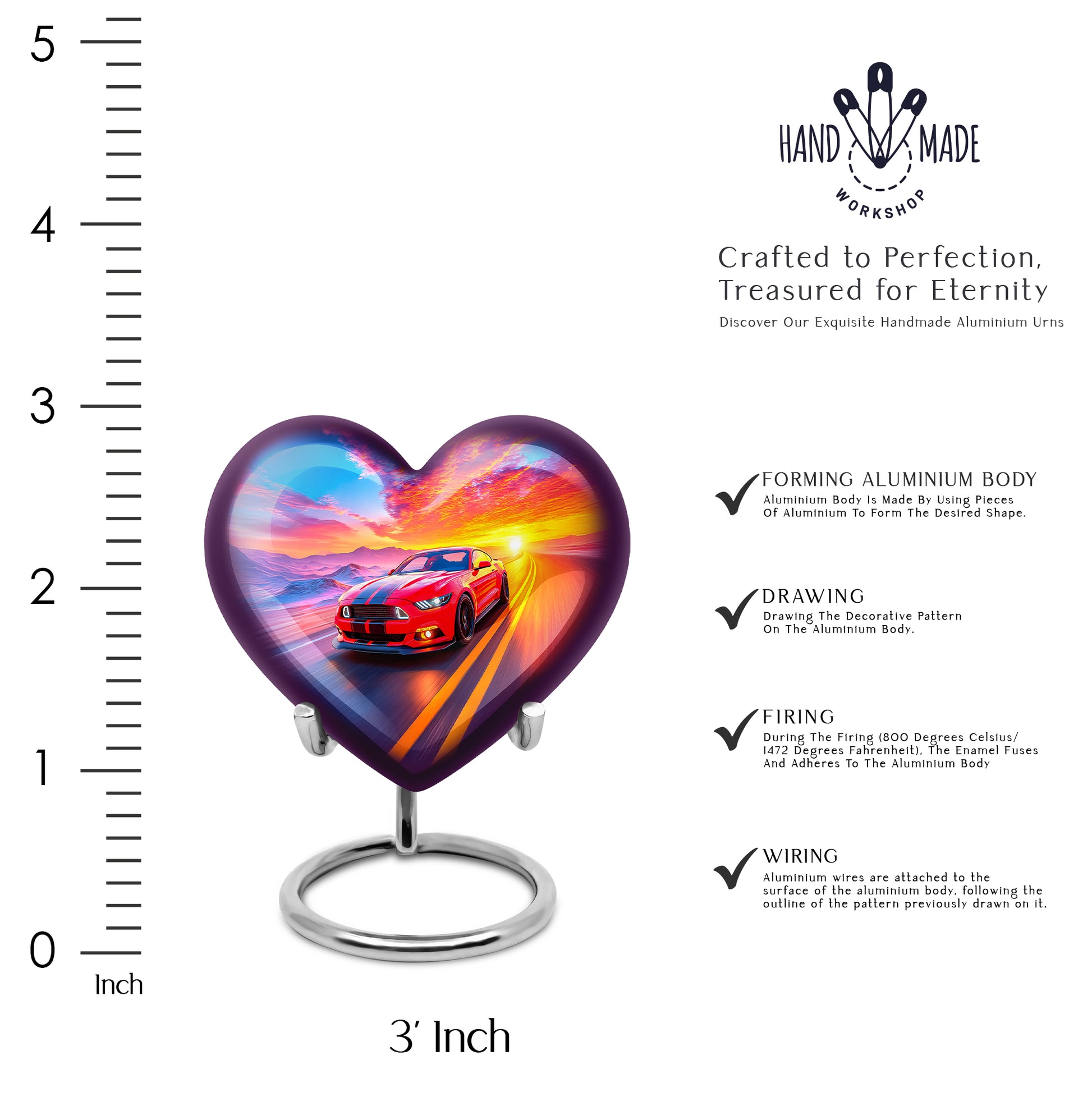 Calming Blue Car Cremation Urn front view showing detailed design - romantic heart urn with car motif on aluminum - mini keepsake memorial for portion of cremation ashes