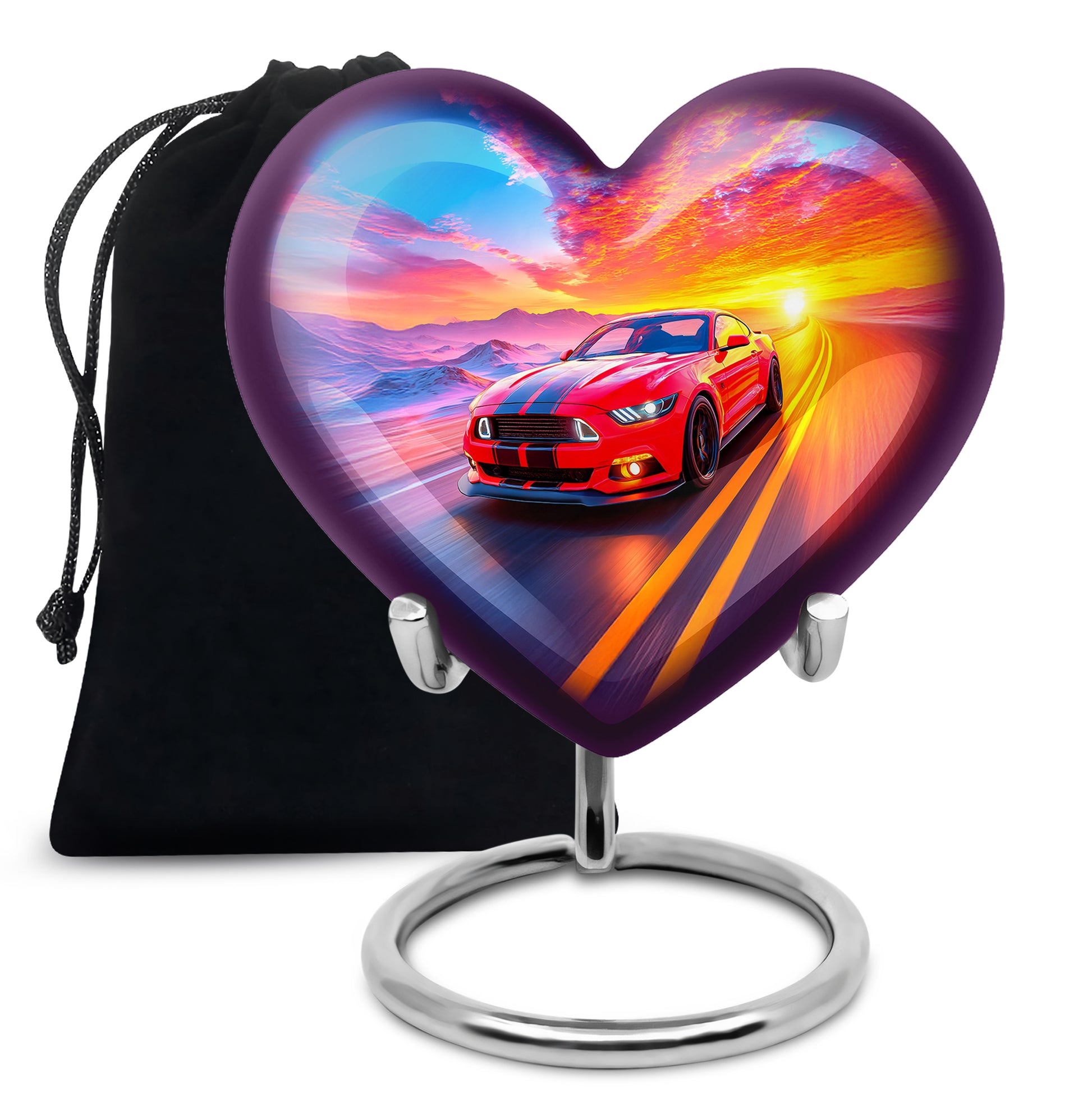 Slate Blue Car Cremation Urn detail view - loving heart memorial featuring car pattern - full-size 10 inch 200 cubic inch adult cremation urn